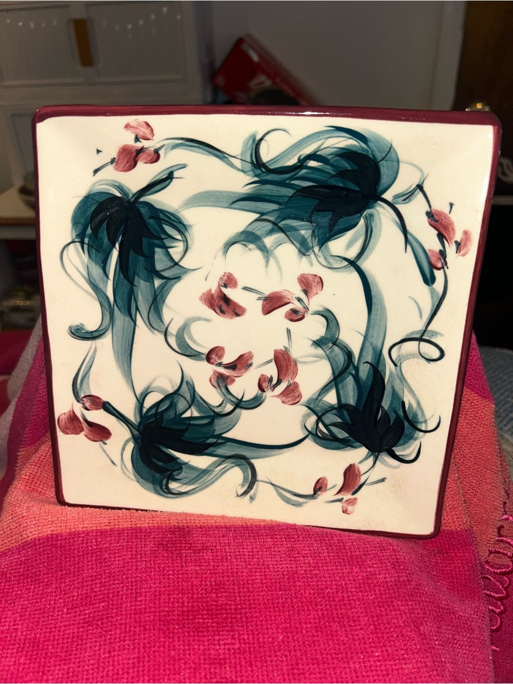 Hand-Painted Floral Ceramic Tile Art - Teal and Pink